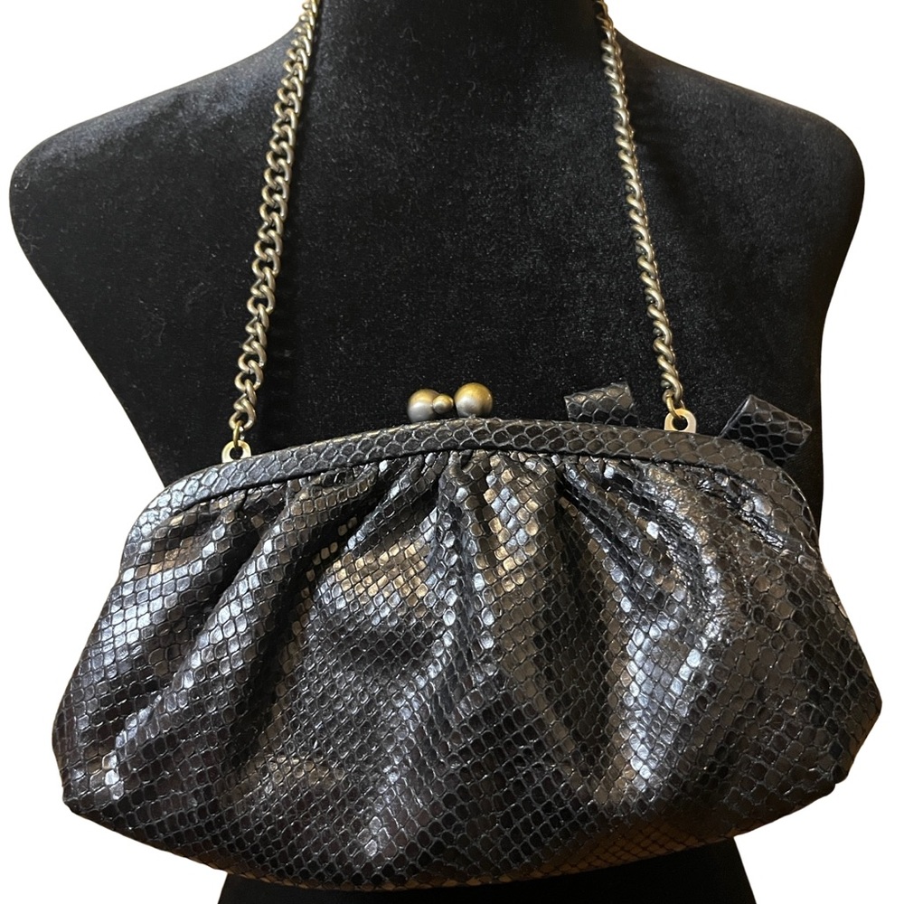 Isabella Fiore Black Snake-Embossed Chain Shoulder Bag with Flower Accent - Picture 2 of 7